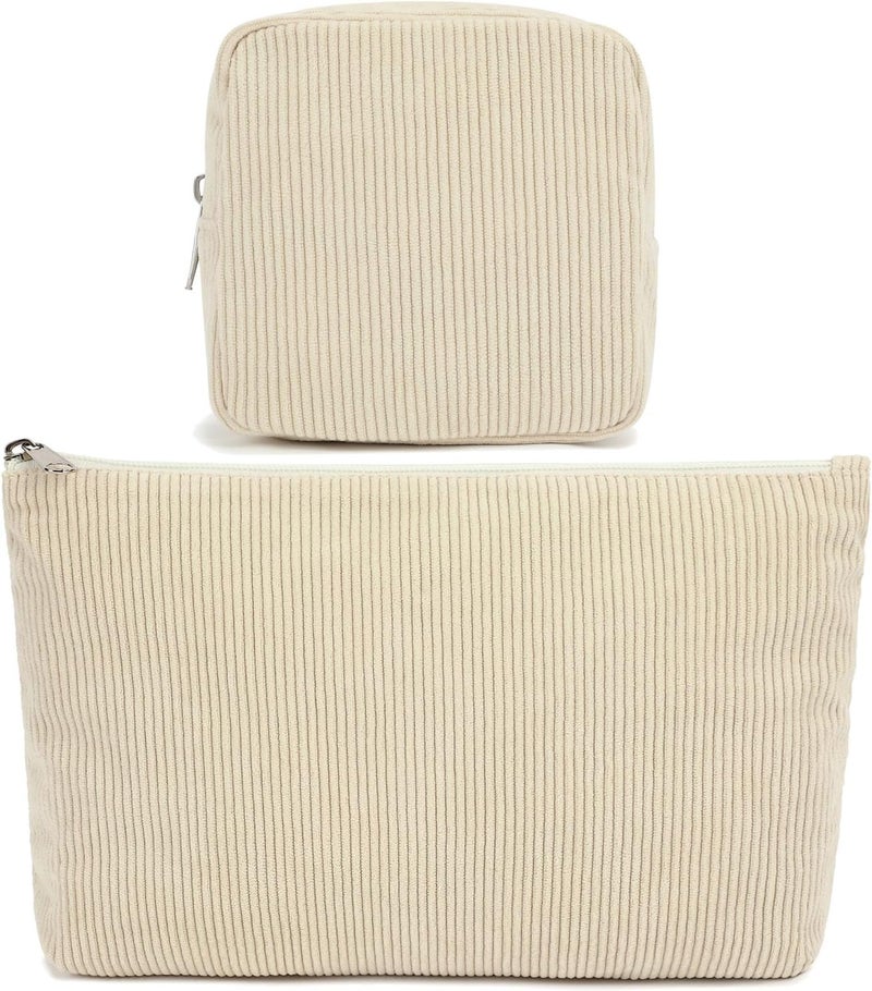 Fammart Corduroy Makeup Bag, Travel Cosmetic Bag Organizer Toiletry Bag Make Up Bags with Zipper & Compartments for Women Girls, 2PCS - Image 1